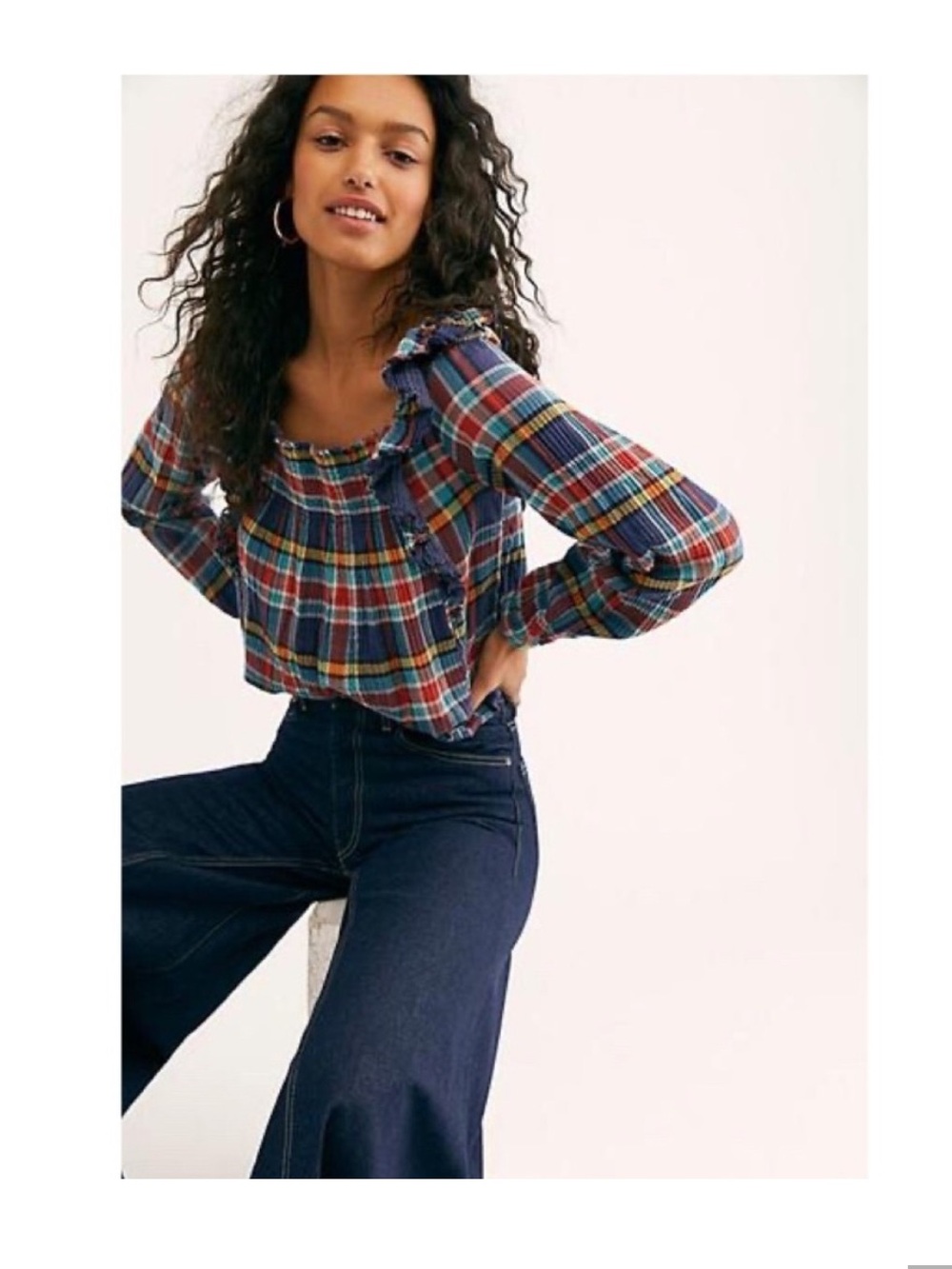 Free People Plaid Ruffle Square-Neck Top in Navy Red Yellow